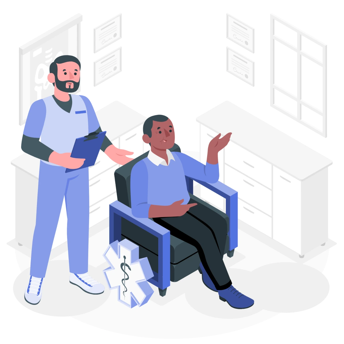 Male healthcare provider in blue scrubs holding a chart with a patient seated in a doctor's office – xLocums connects hospitals with qualified professionals.