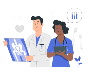 White male locum tenens doctor holding an X-ray of a pelvis alongside an African American female nurse with a stethoscope and chart, featuring a speaking caption bubble with three test tubes containing blue liquid – symbolizing xLocums' commitment to providing qualified and affordable locum tenens professionals.