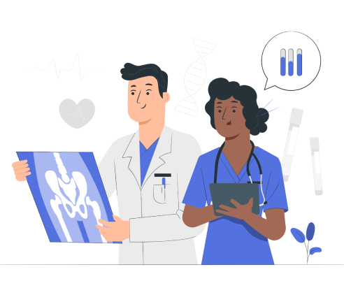 White male locum tenens doctor holding an X-ray of a pelvis alongside an African American female nurse with a stethoscope and chart, featuring a speaking caption bubble with three test tubes containing blue liquid – symbolizing xLocums' commitment to providing qualified and affordable locum tenens professionals.
