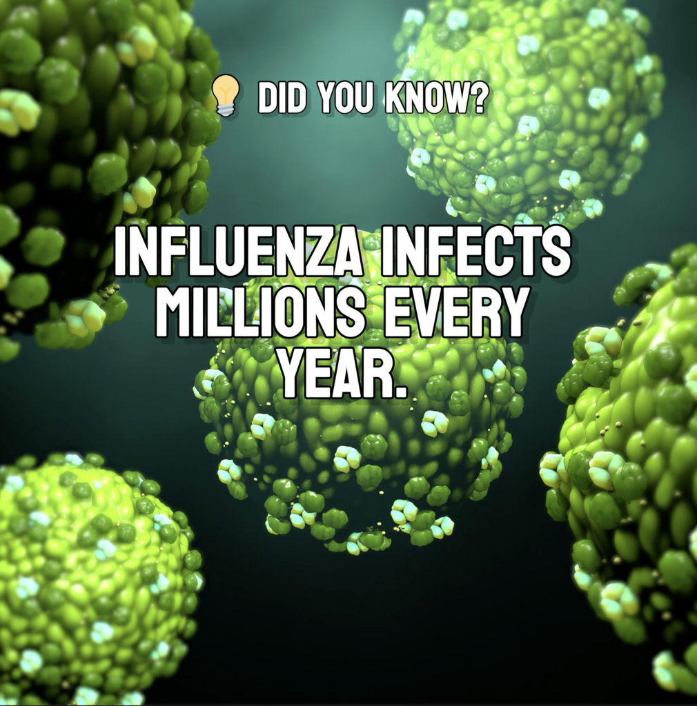 Microscopic 3D illustration of the influenza virus in motion, highlighting the structure of the virus responsible for seasonal flu outbreaks.